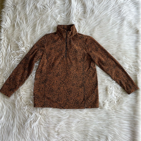 Lands’ End Women's Fleece Quarter Zip Burnt Caramel Leopard Print Medium - Picture 2 of 6